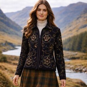 Bechamel Black Embroidered Wool Jacket Size Large Boho Folk Art Statement